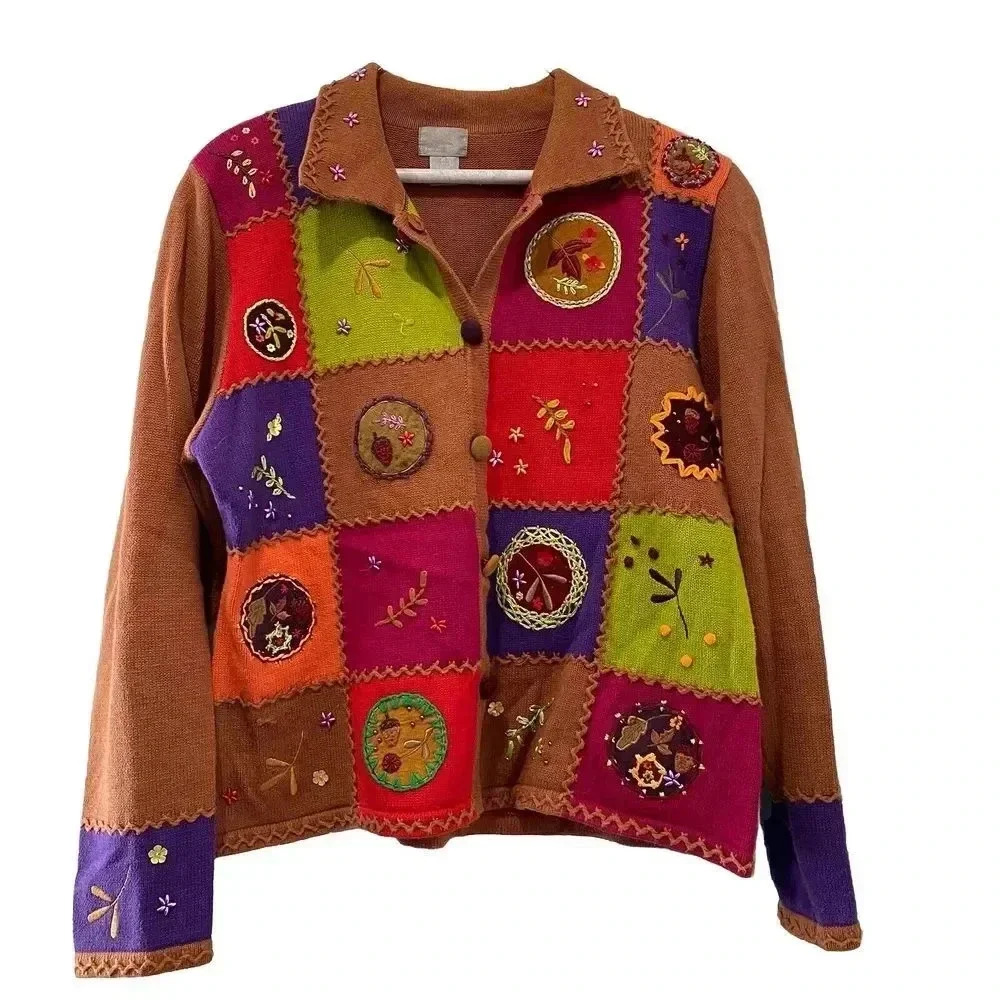 Vintage Berek Heavily Embroidered Fall Autumn Patchwork Windowpane Cardigan XL